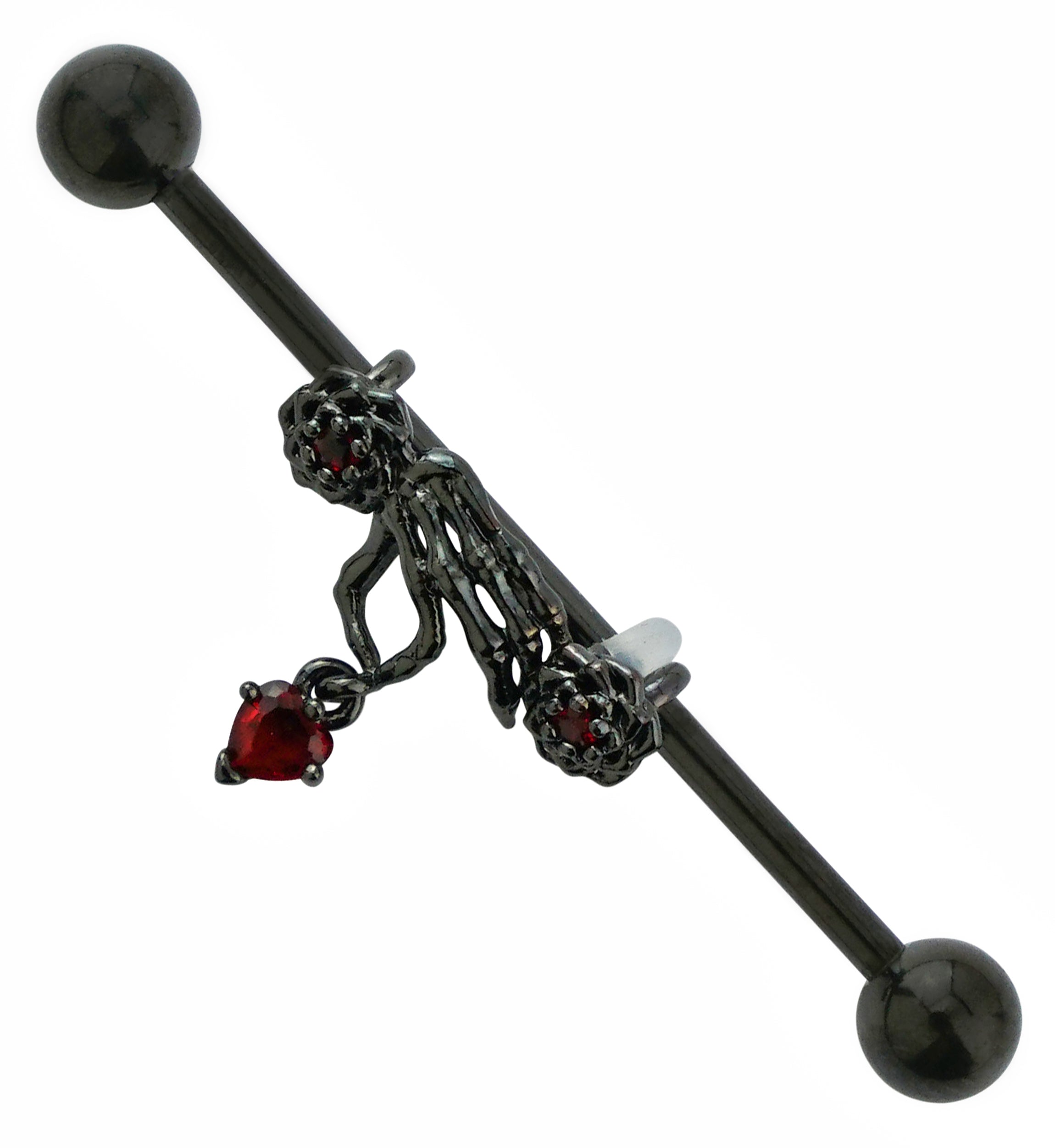 Black PVD Gothic Skeleton Hand Dangle Heart Industrial Barbell