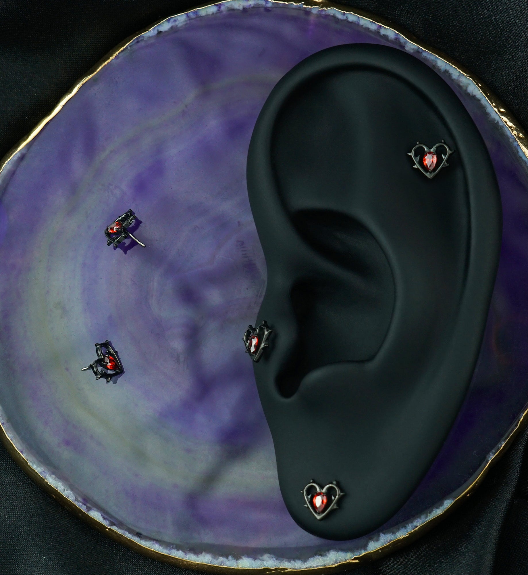 Black PVD Heart Of Thorns Red CZ Titanium Threadless Top