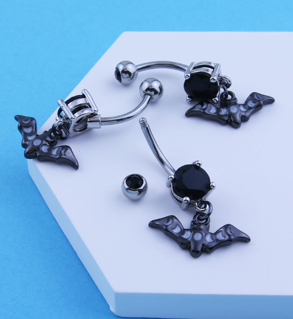 Black PVD Moon Phase Bat Dangle Stainless Steel Belly Button Ring