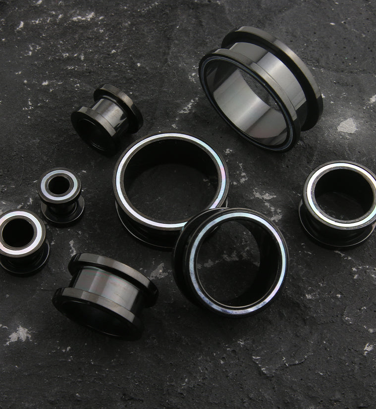 Black PVD MOP Rim Stainless Steel Tunnel Plugs