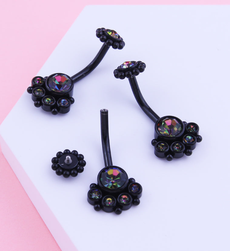 Black PVD Quinary Black Aurora CZ Beaded Top Internally Threaded Stainless Steel Belly Button Ring