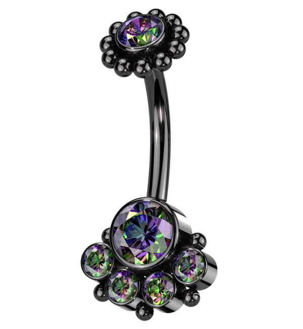 Black PVD Quinary Black Aurora CZ Beaded Top Internally Threaded Stainless Steel Belly Button Ring