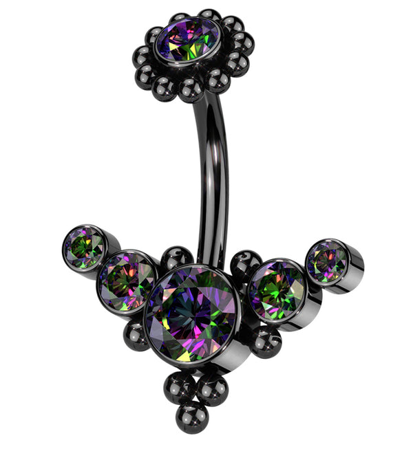 Black PVD Quinary Curve Black Aurora CZ Beaded Top Internally Threaded Stainless Steel Belly Button Ring