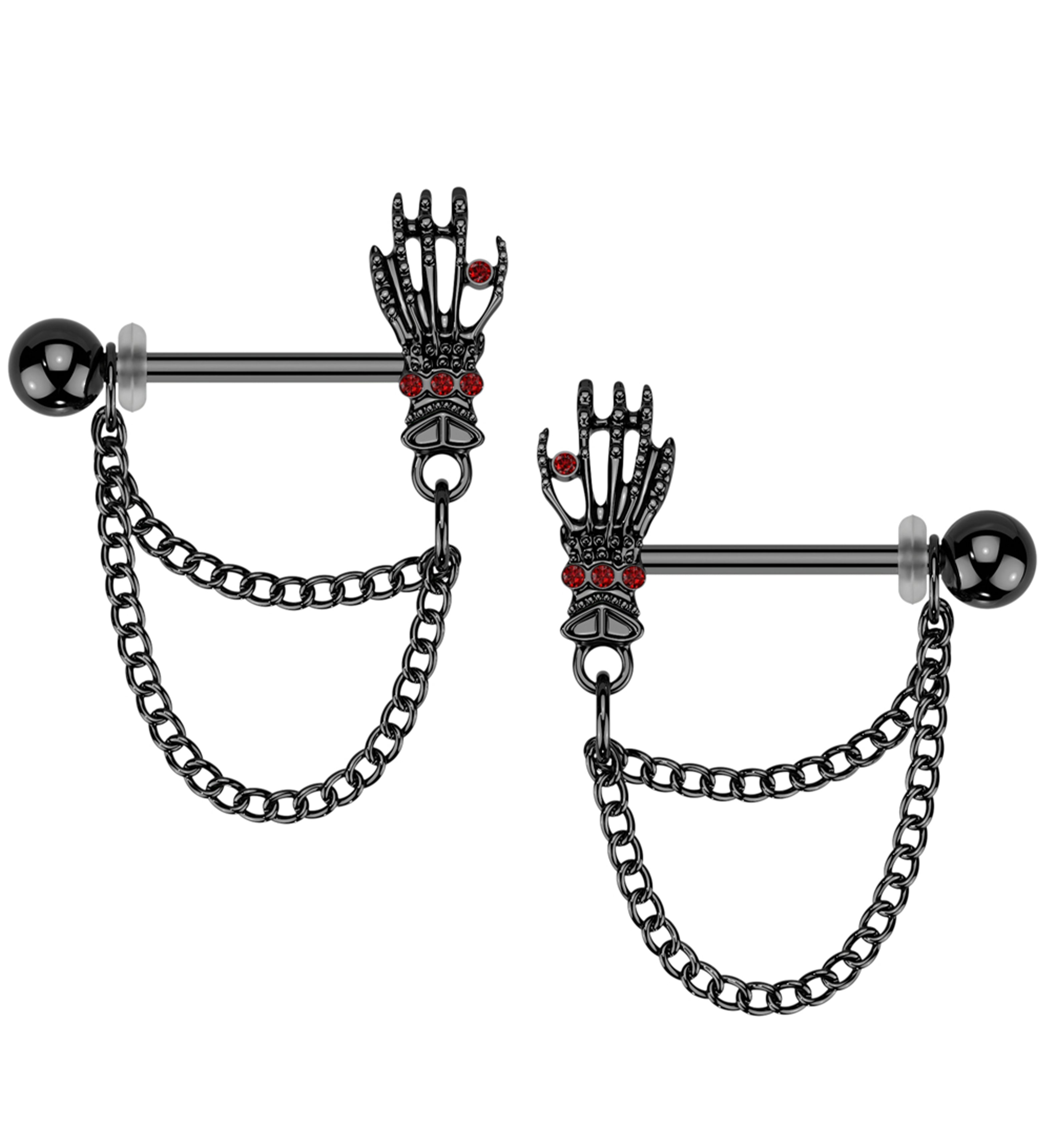 Black PVD Skeleton Hand Red CZ Dangle Chain Stainless Steel Nipple Bar ...