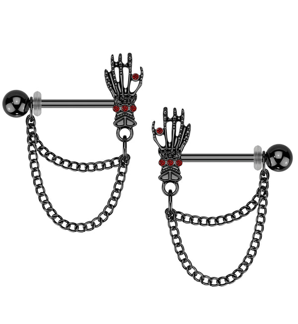 Black PVD Skeleton Hand Red CZ Dangle Chain Stainless Steel Nipple Barbell