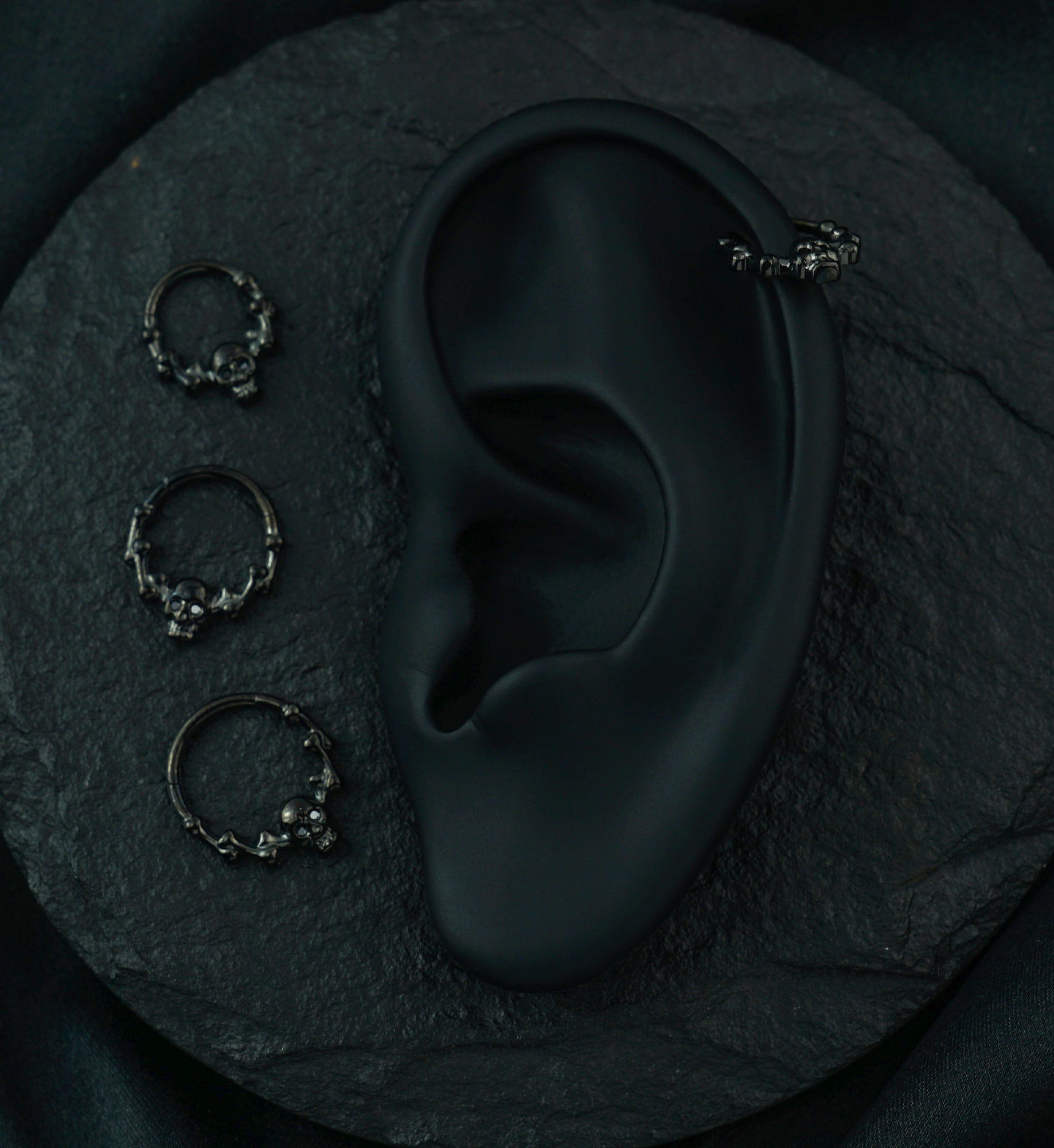 Black PVD Skull And Bones Black CZ Titanium Hinged Segment Ring