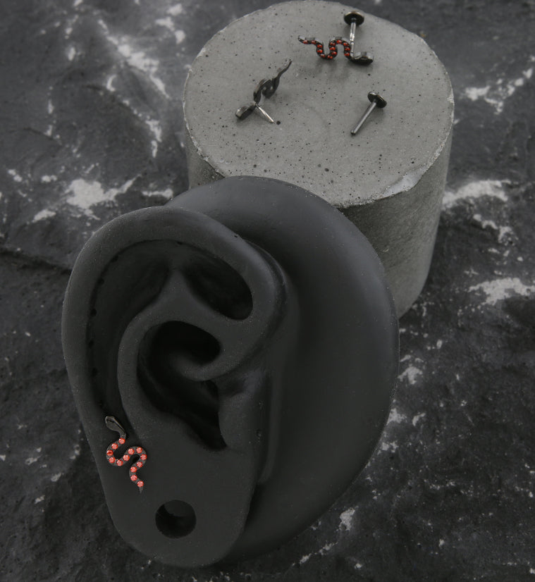 Black PVD Snake Red CZ Threadless Titanium Labret