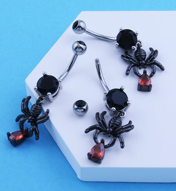 Black PVD Spider Dangle Teardrop Red CZ Stainless Steel Belly Button Ring
