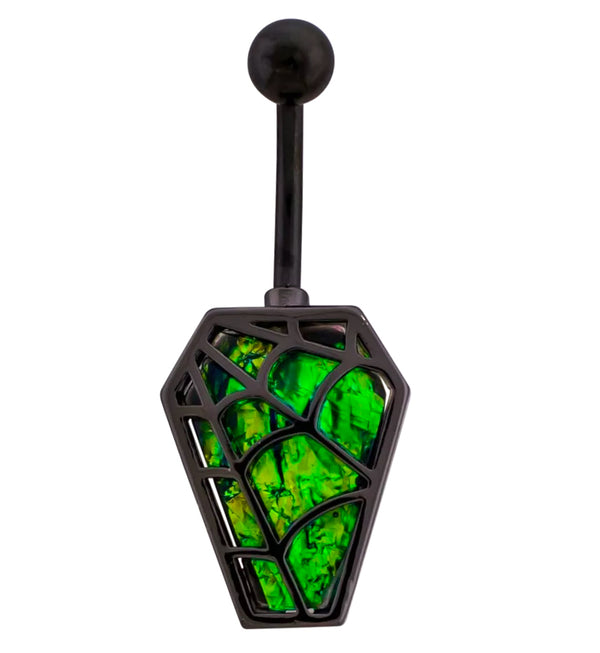Black PVD Spiderweb Coffin Iridescent Green Stainless Steel Belly Button Ring