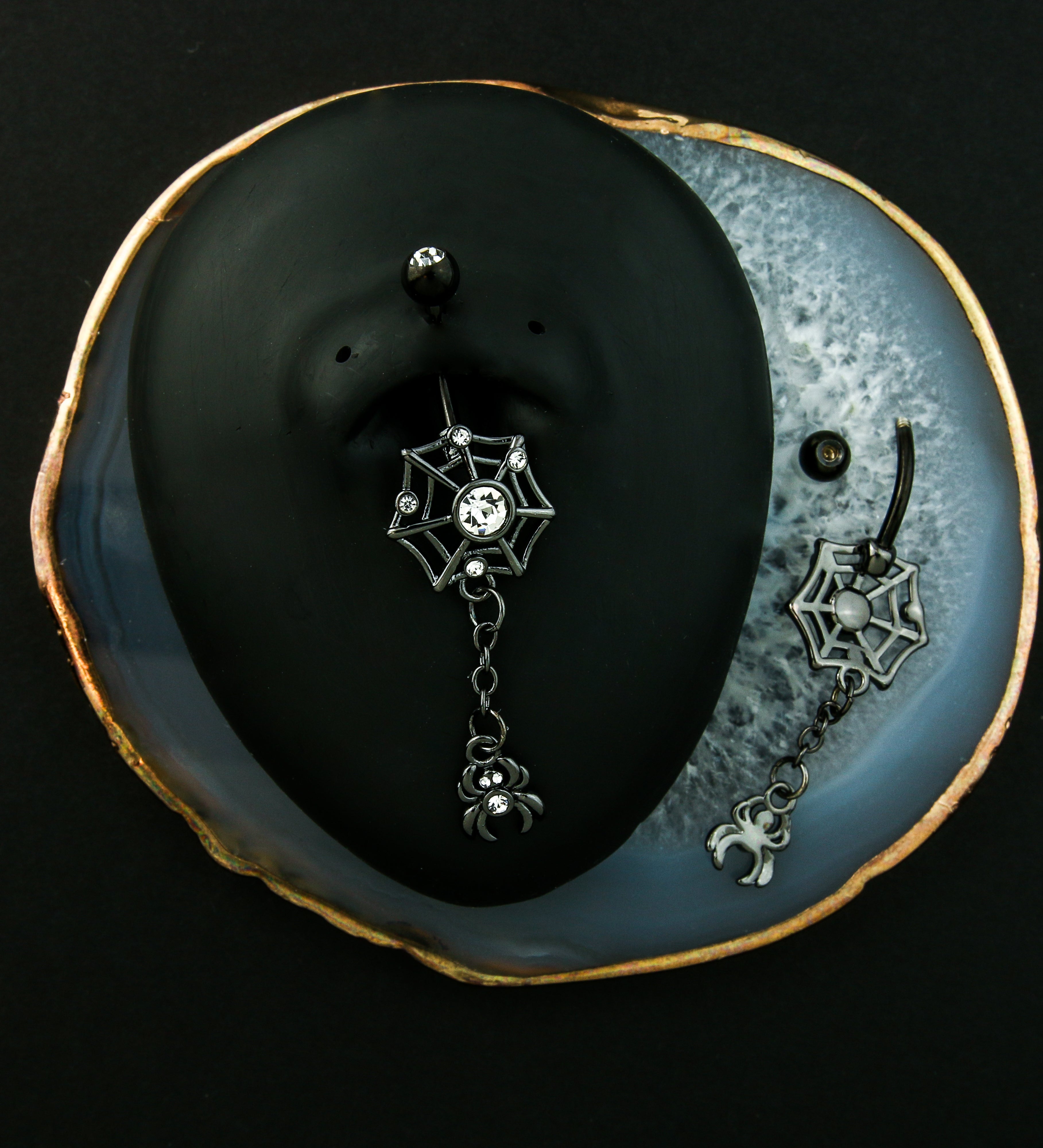 Black PVD Spiderweb Dangle Spider Clear CZ Stainless Steel Belly Button Ring