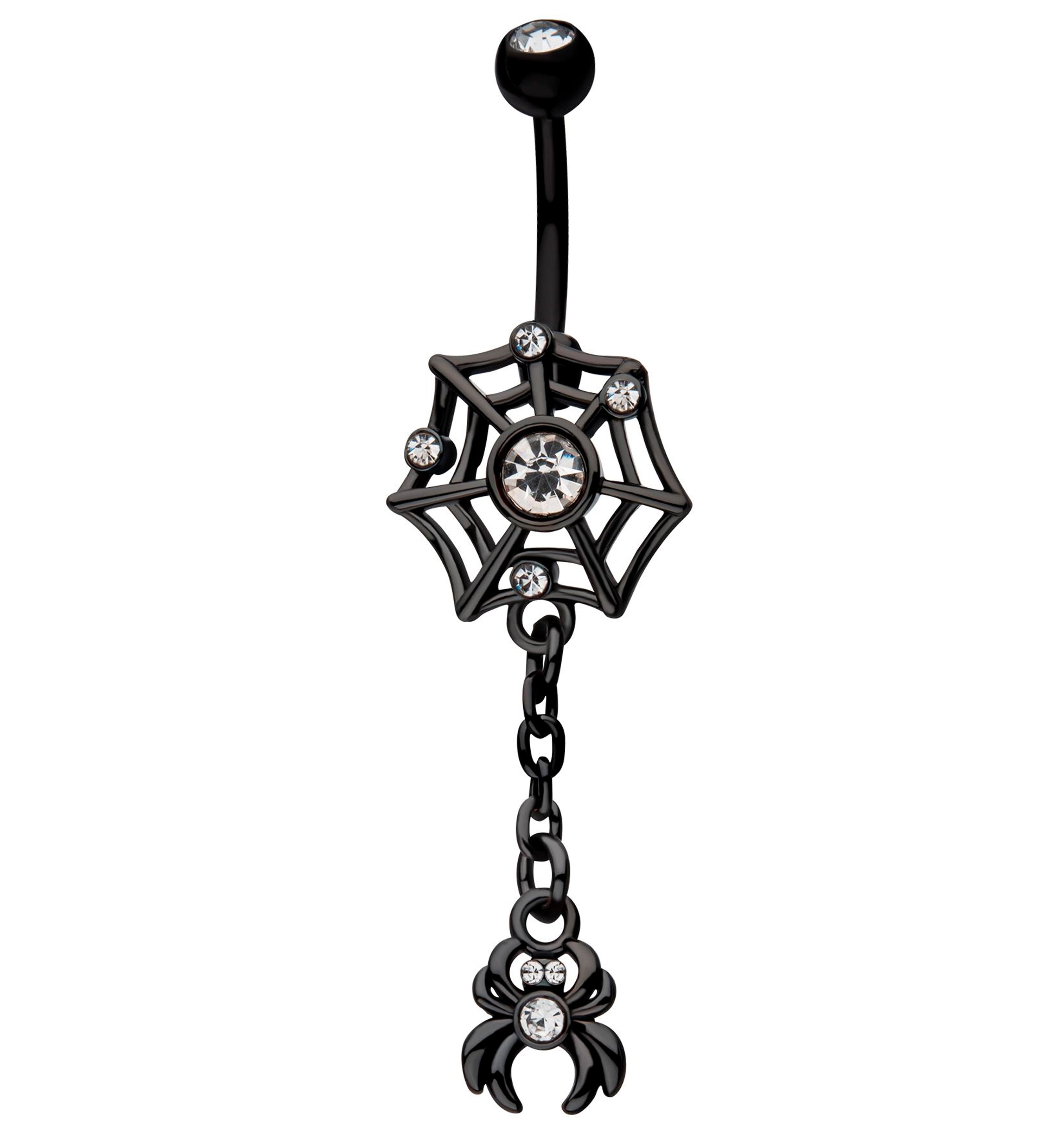 Black PVD Spiderweb Dangle Spider Clear CZ Stainless Steel Belly Butto