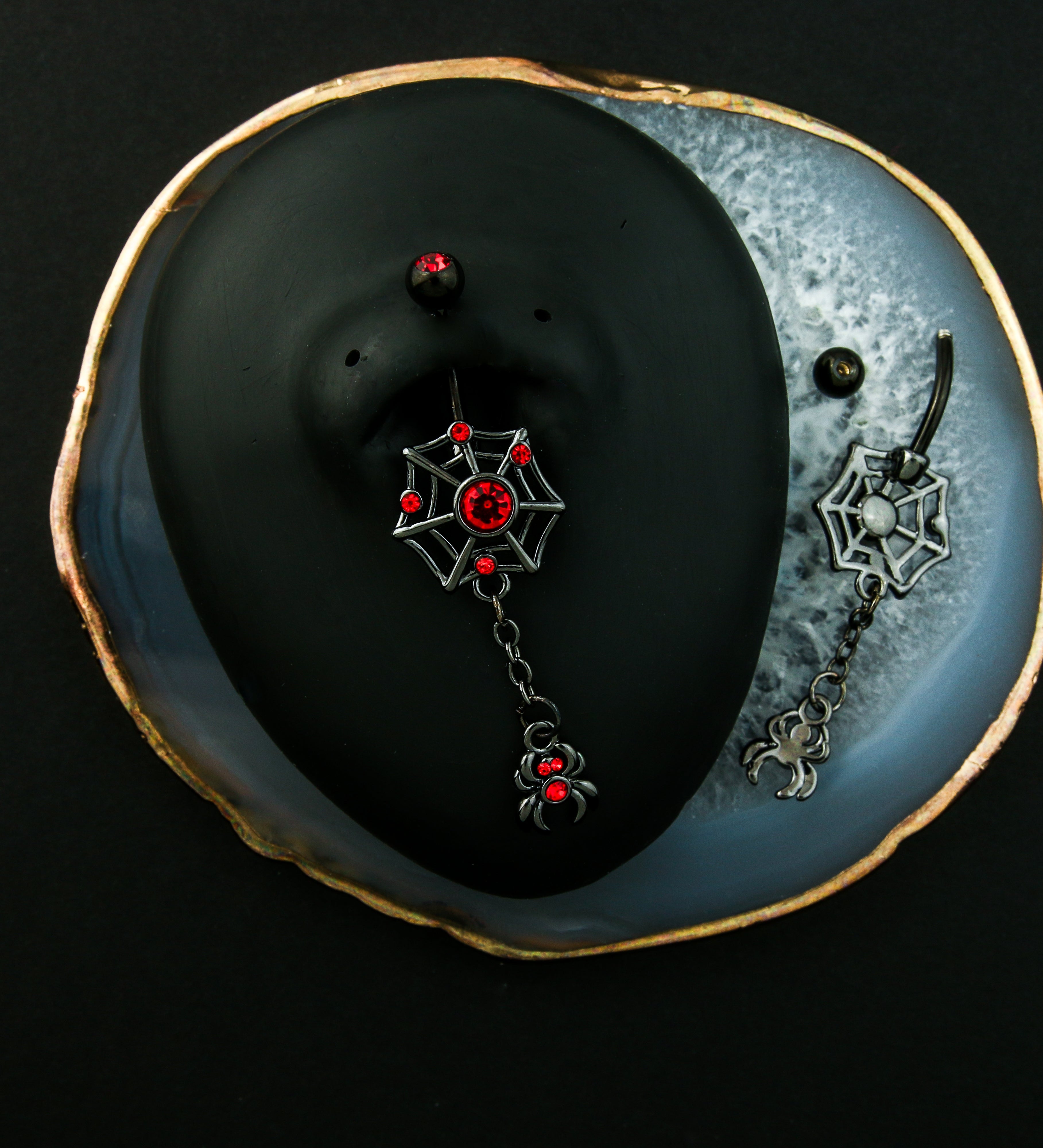 Black PVD Spiderweb Dangle Spider Red CZ Stainless Steel Belly Button Ring
