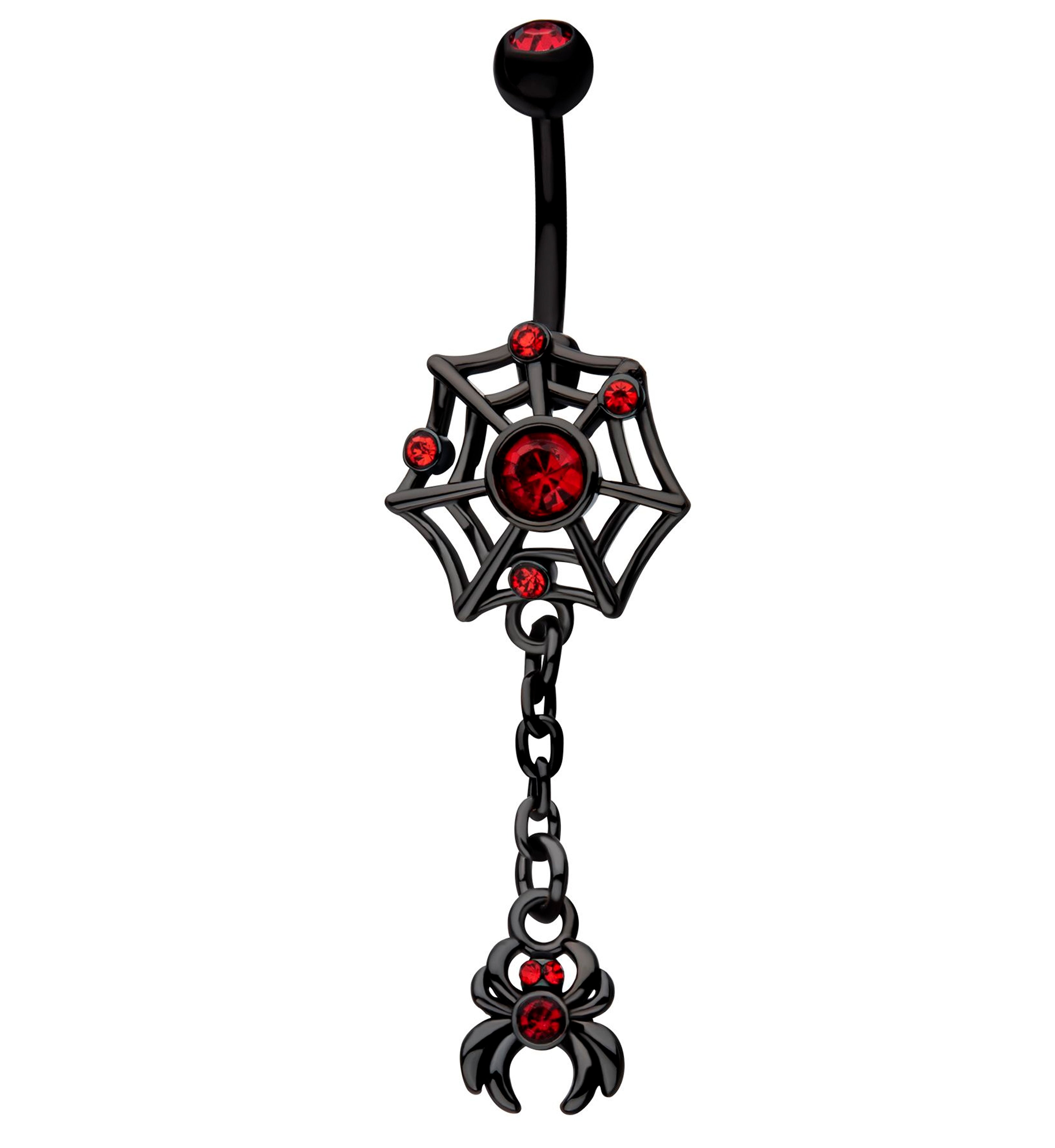 Black PVD Spiderweb Dangle Spider Red CZ Stainless Steel Belly Button Ring