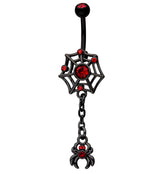 Black PVD Spiderweb Dangle Spider Red CZ Stainless Steel Belly Button Ring