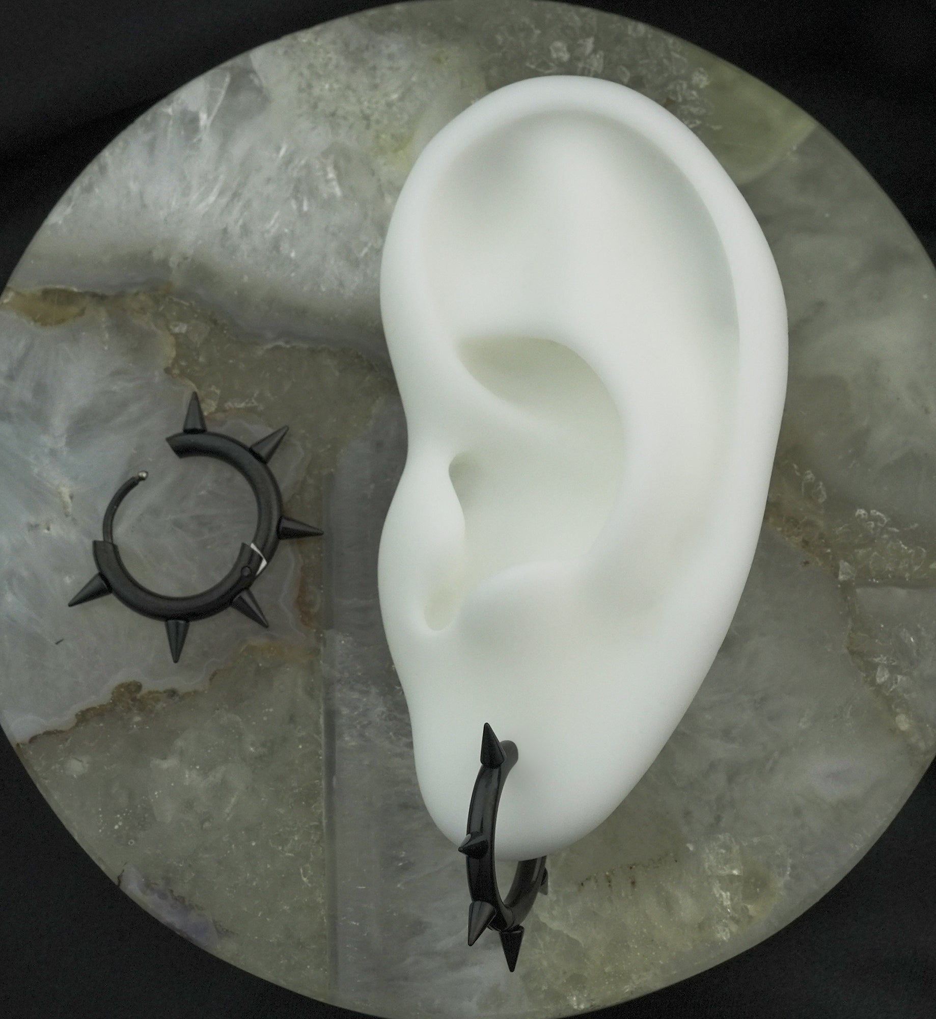 Black PVD Spikes Stainless Steel Hinged Hoop Huggie Earrings