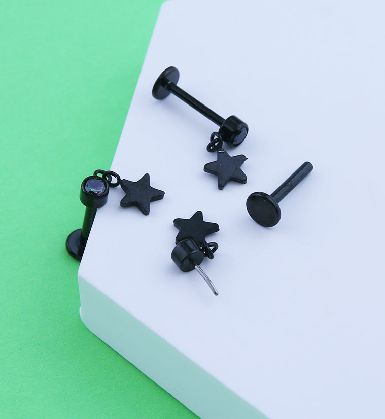 Black PVD Star Dangle Black Aurora CZ Titanium Threadless Labret