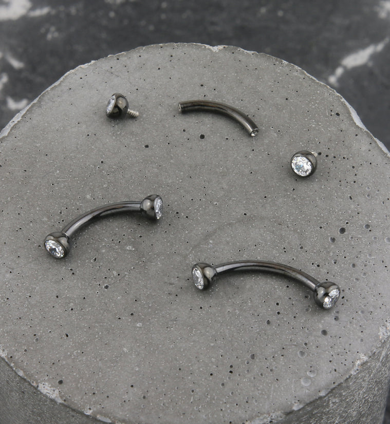 Black PVD Titanium Double Bezel Clear CZ Internally Threaded Curved Barbell