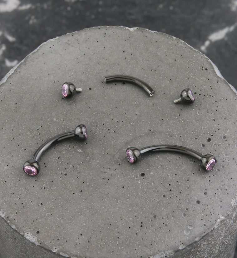 Black PVD Titanium Double Bezel Pink CZ Internally Threaded Curved Barbell