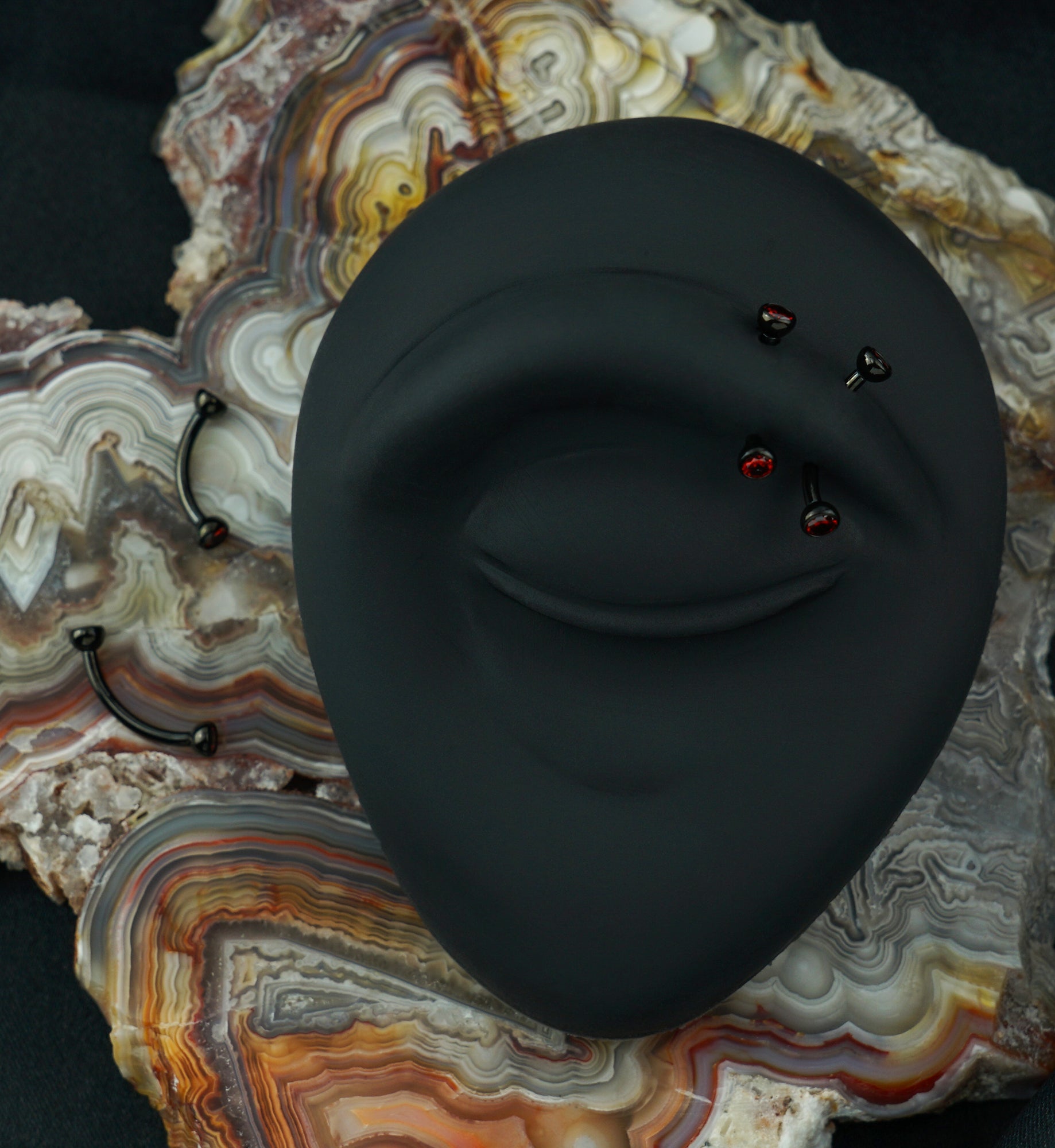 Black PVD Titanium Double Bezel Red CZ Internally Threaded Curved Barbell