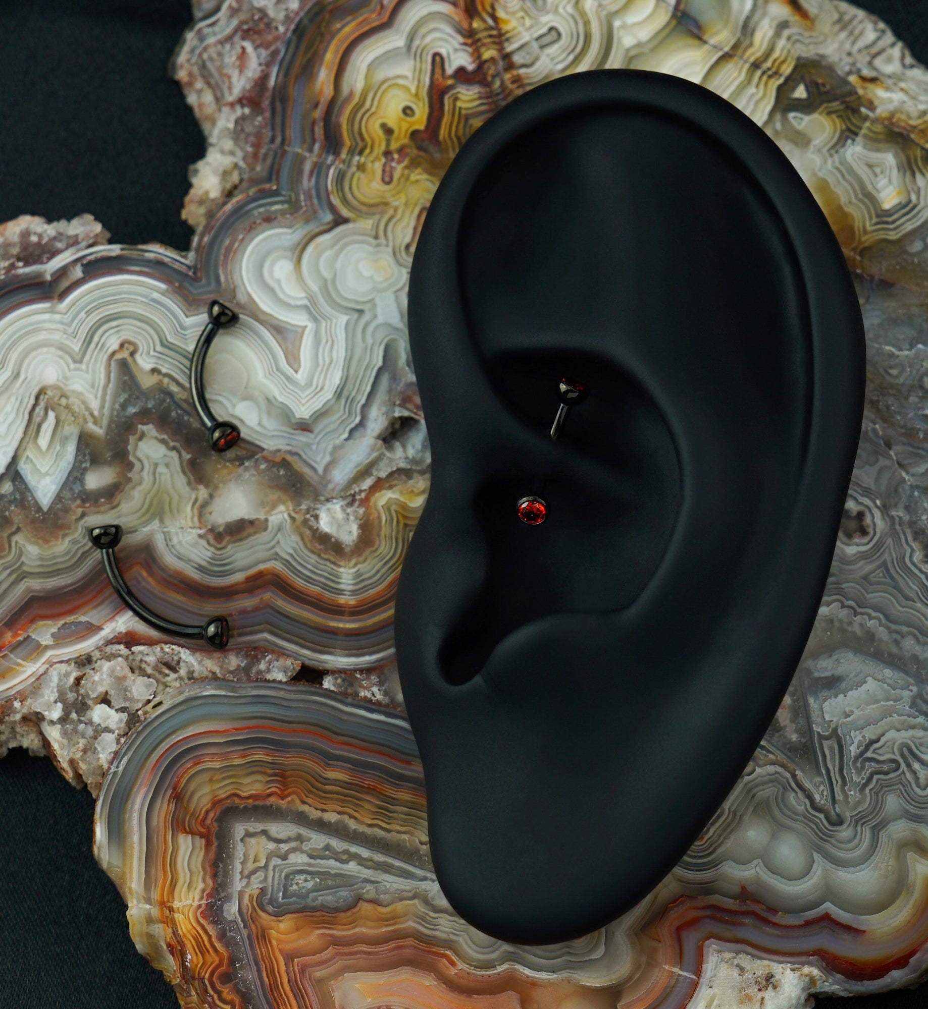 Black PVD Titanium Double Bezel Red CZ Internally Threaded Curved Barbell