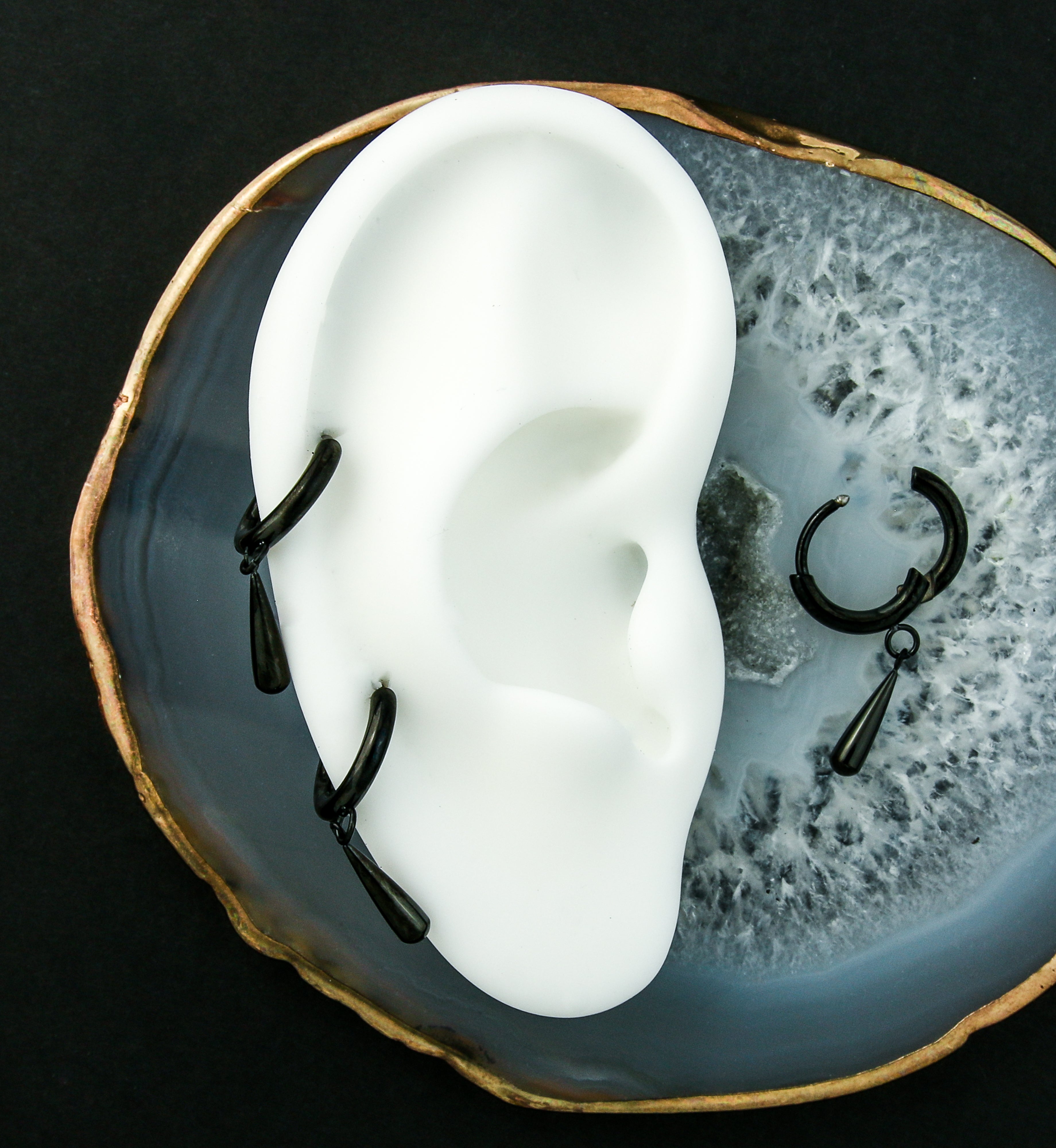 Black PVD Titanium Teardrop Dangle Hinged Hoop Huggie Earrings