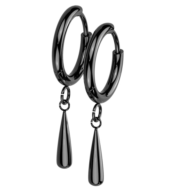 Black PVD Titanium Teardrop Dangle Hinged Hoop Huggie Earrings