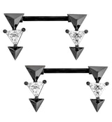 Black PVD Triple Triangle Drop Clear CZ Stainless Steel Nipple Barbell
