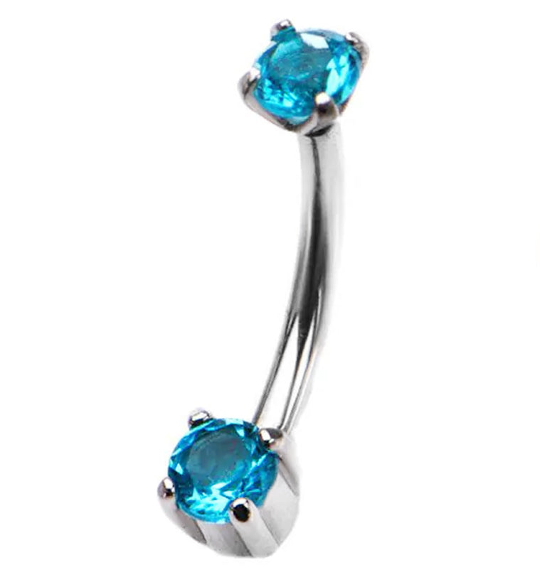 Aqua CZ Prong Set Stainless Steel Internally Threaded Curved Barbell