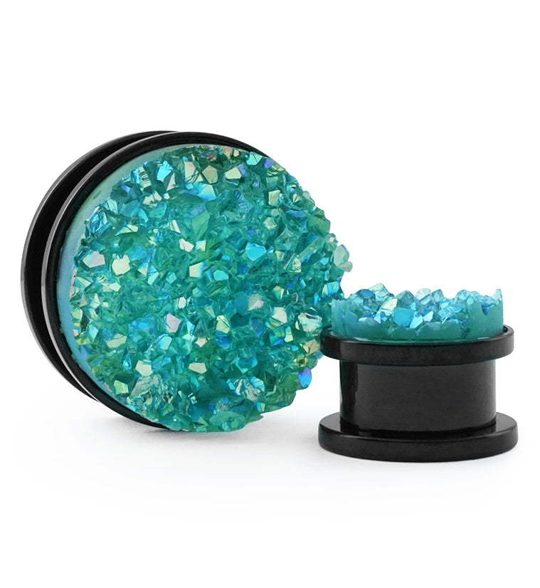 Black PVD Stainless Steel Plugs With Aqua Blue Druzy Inlay