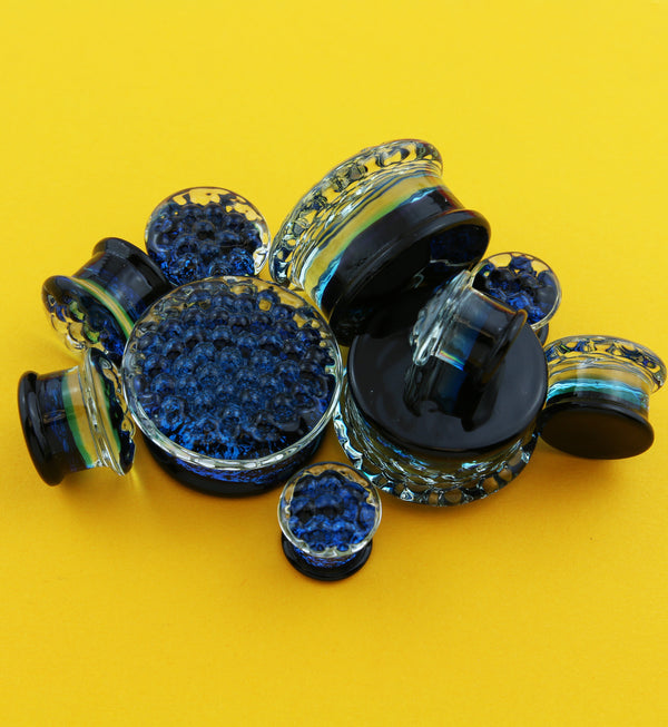 Blue Honeycomb Glass Double Flare Plugs