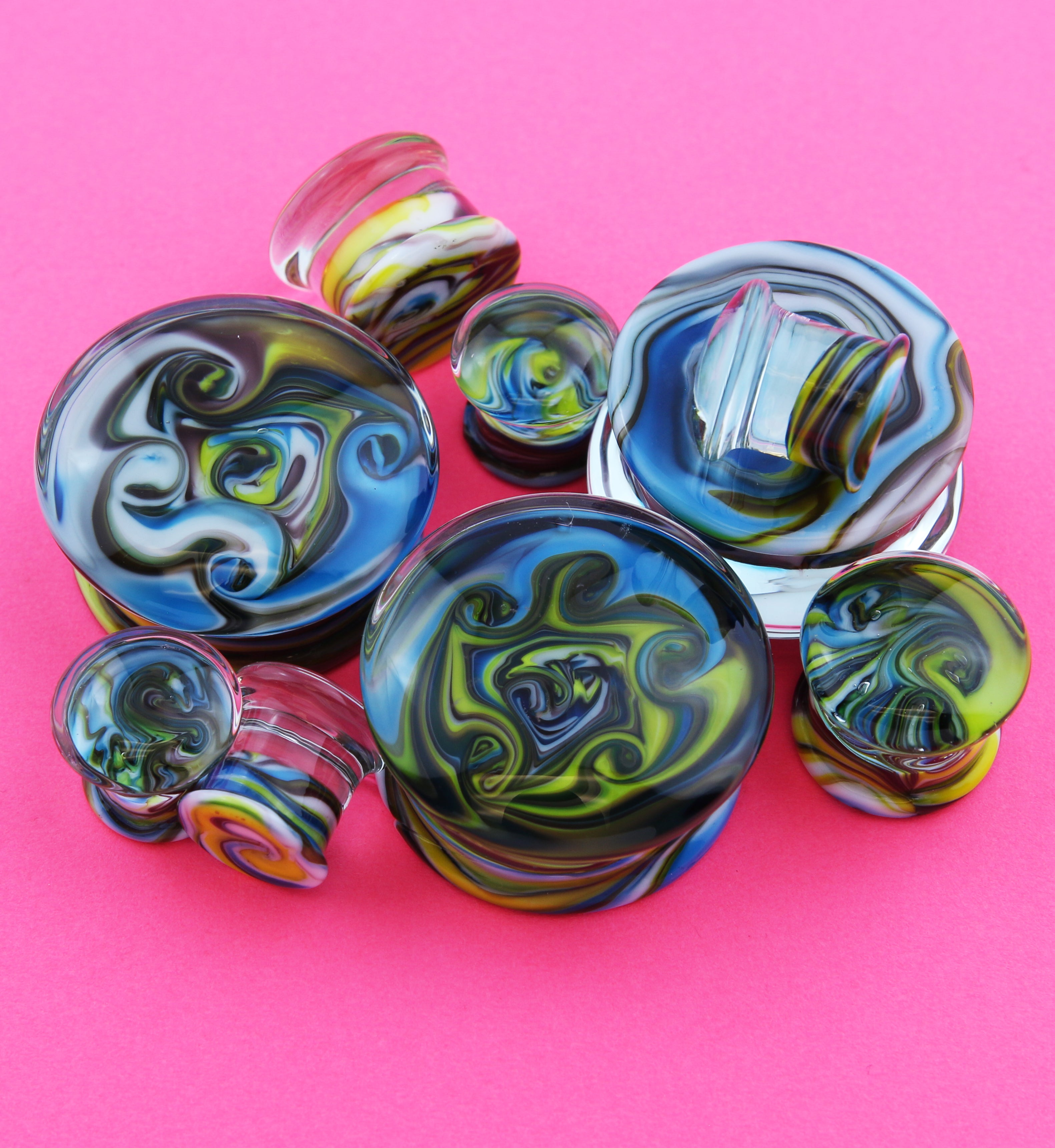 Blue Multi Paint Swirl Glass Double Flare Plugs