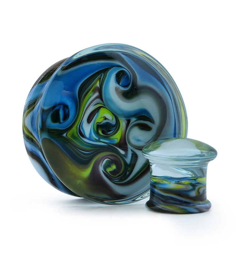 Blue Multi Paint Swirl Glass Double Flare Plugs