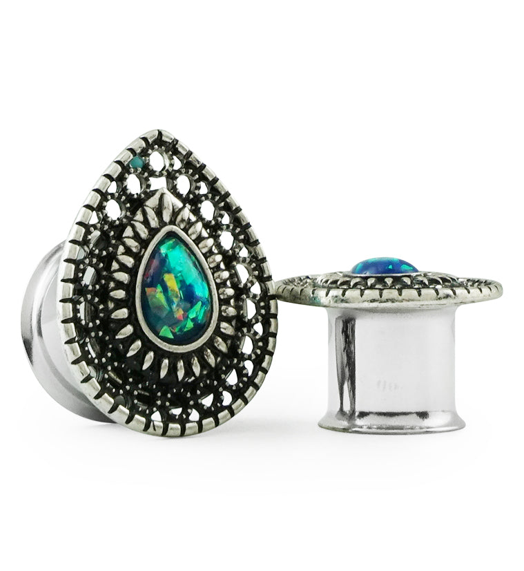 Blue Opalite Teardrop Plate Steel Plugs