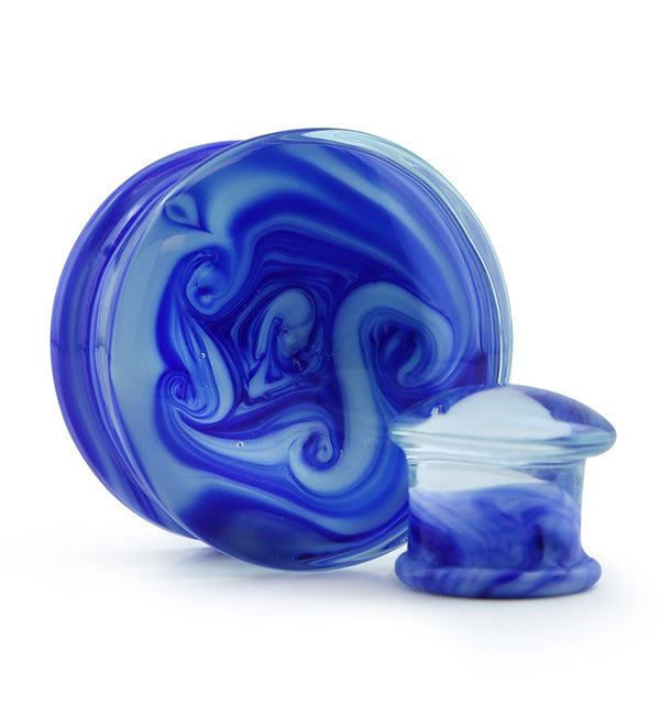 Blue/White Paint Swirl Glass Double Flare Plugs