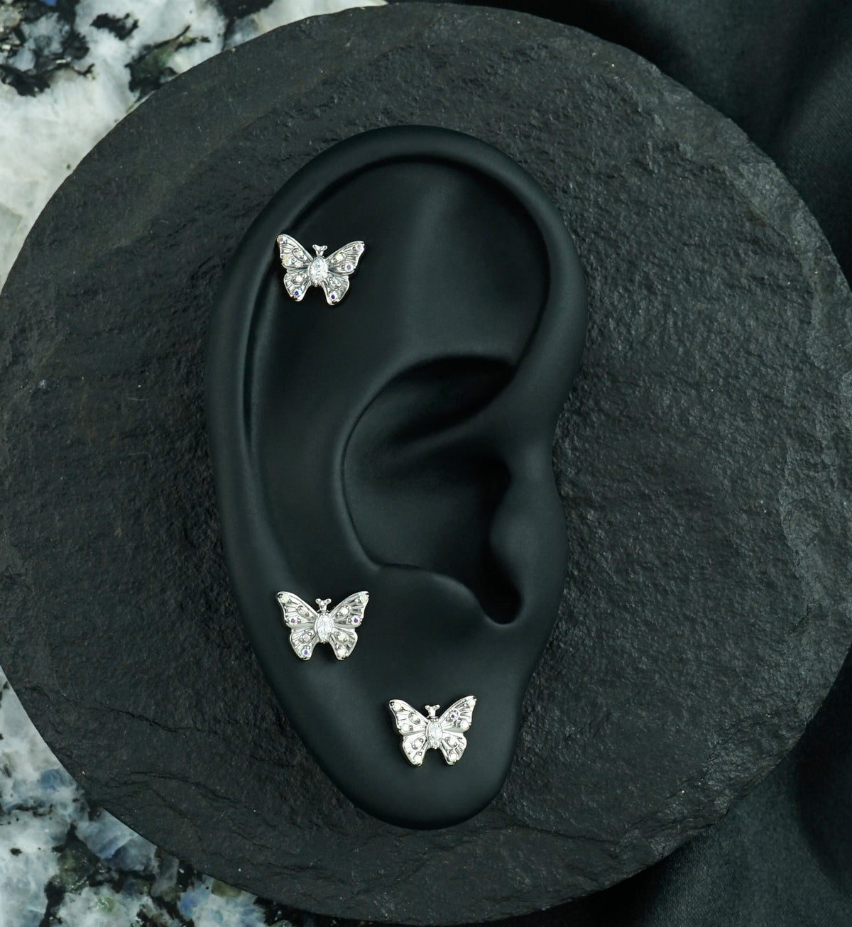 Bold Butterfly Rainbow Aurora CZ Titanium Threadless Top