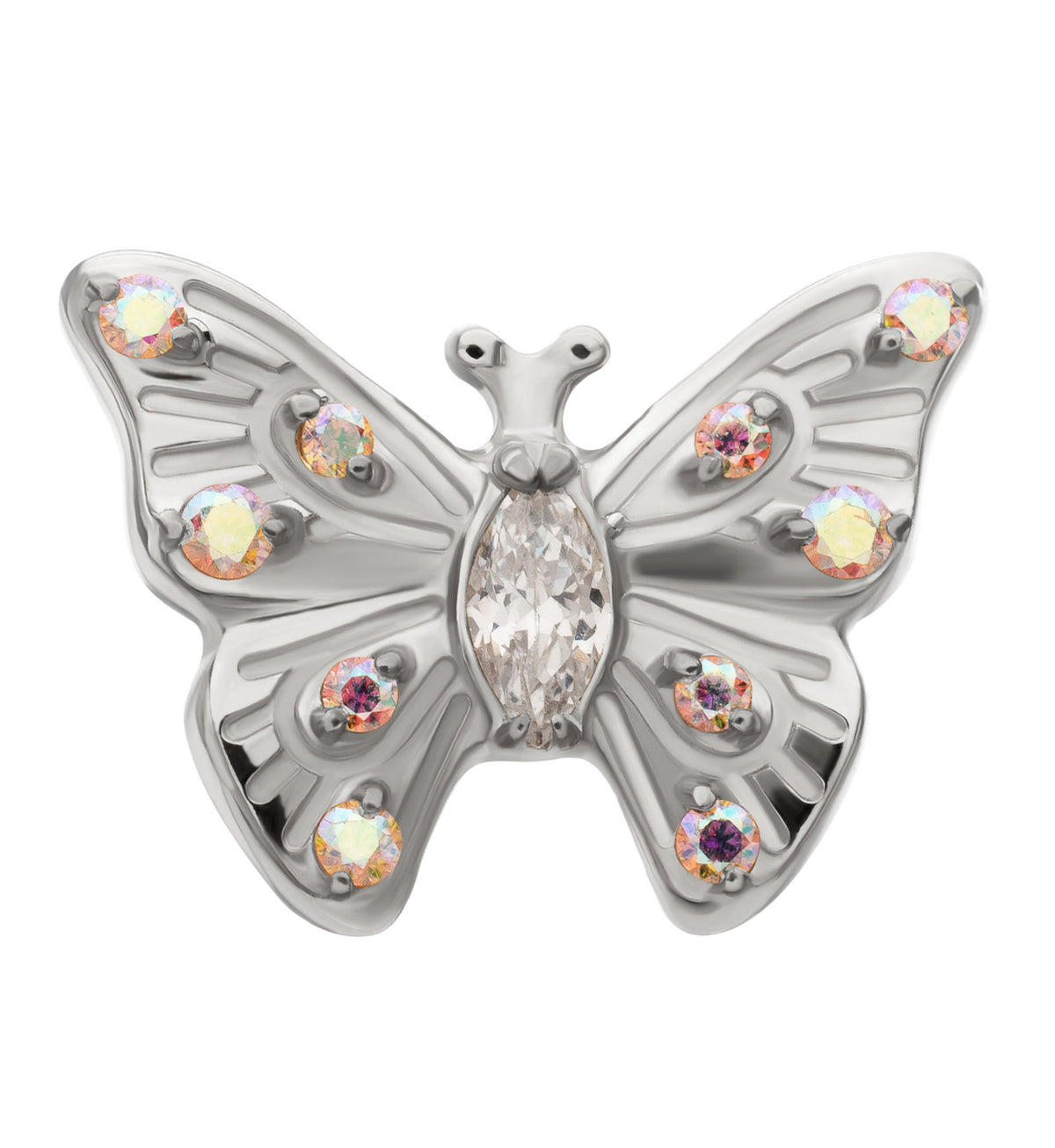 Bold Butterfly Rainbow Aurora CZ Titanium Threadless Top