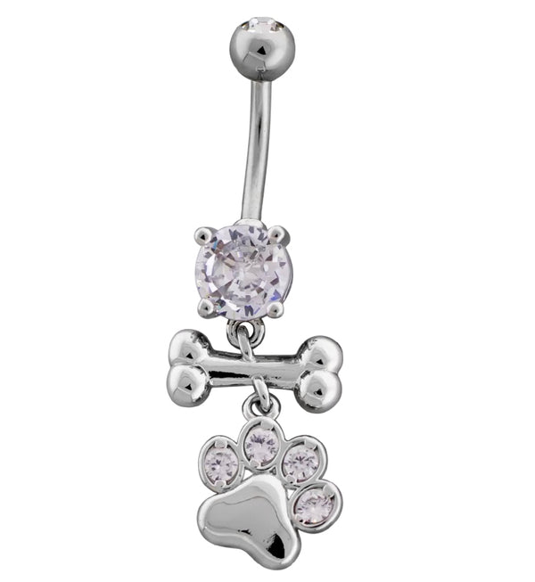 Paw Print And Bone Clear CZ Dangle Stainless Steel Belly Button Ring