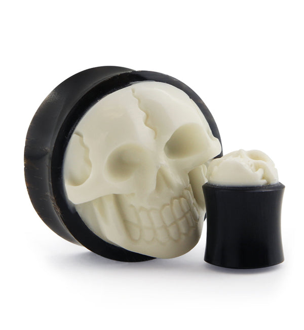 Horn Plugs With Carved Bone Skull Inlay