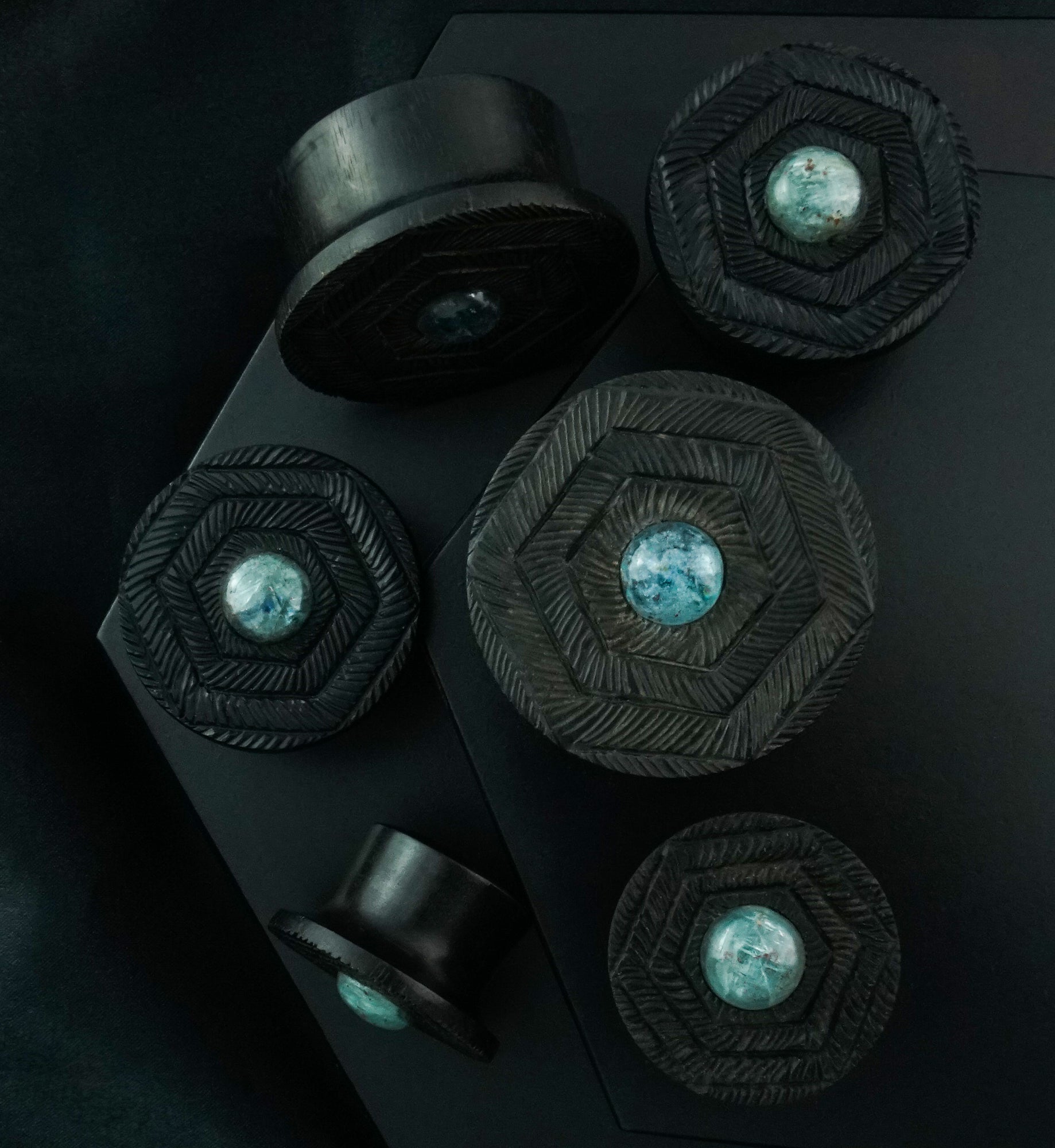 Boundary Geo Larvikite Stone Inlay Areng Wood Mayan Flare Plugs