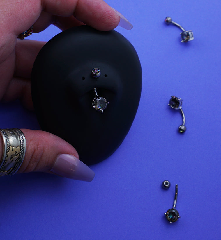 Brass Prong Black Aurora CZ Titanium Belly Button Ring