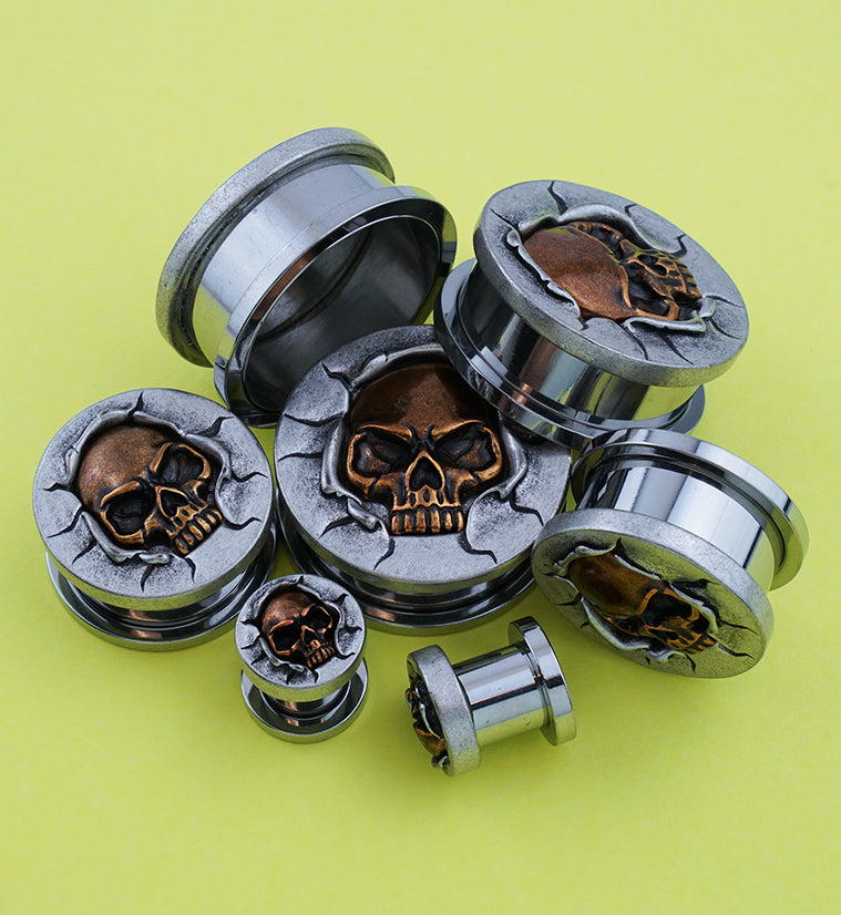 Brass Skull Stainless Steel Screw Back Tunnel Plugs