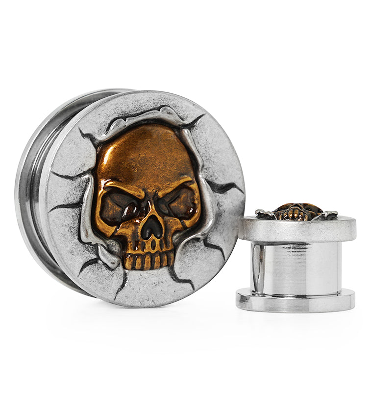 Brass Skull Stainless Steel Screw Back Tunnel Plugs