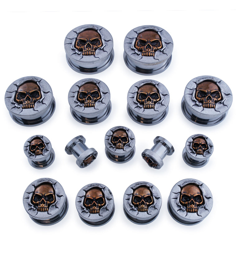 Brass Skull Stainless Steel Screw Back Tunnel Plugs