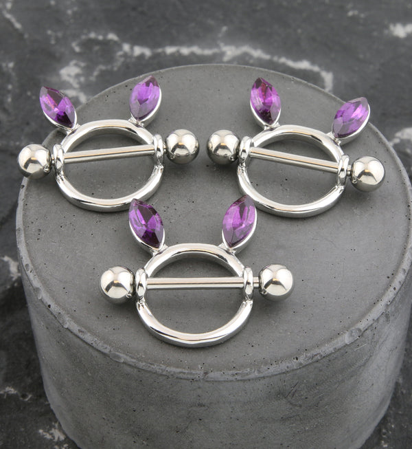 Bunny Ears Purple CZ Nipple Ring Shield