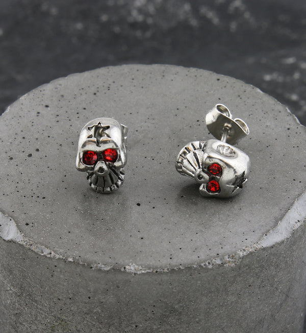 Busted Skull Red CZ Stainless Steel Stud Earrings