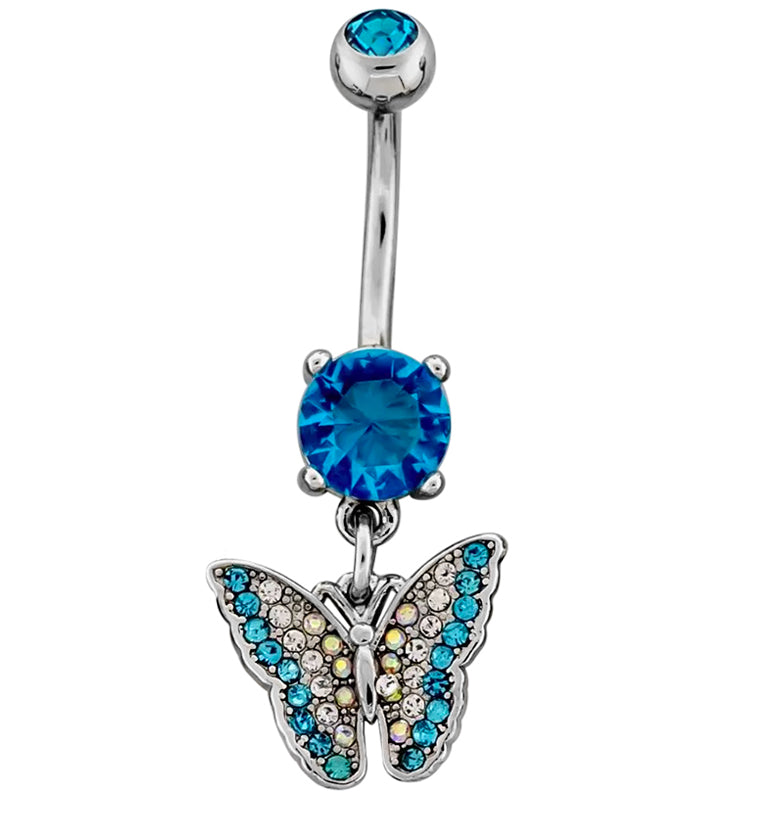Butterfly Aqua and Rainbow Aurora CZ Stainless Steel Belly Button Ring