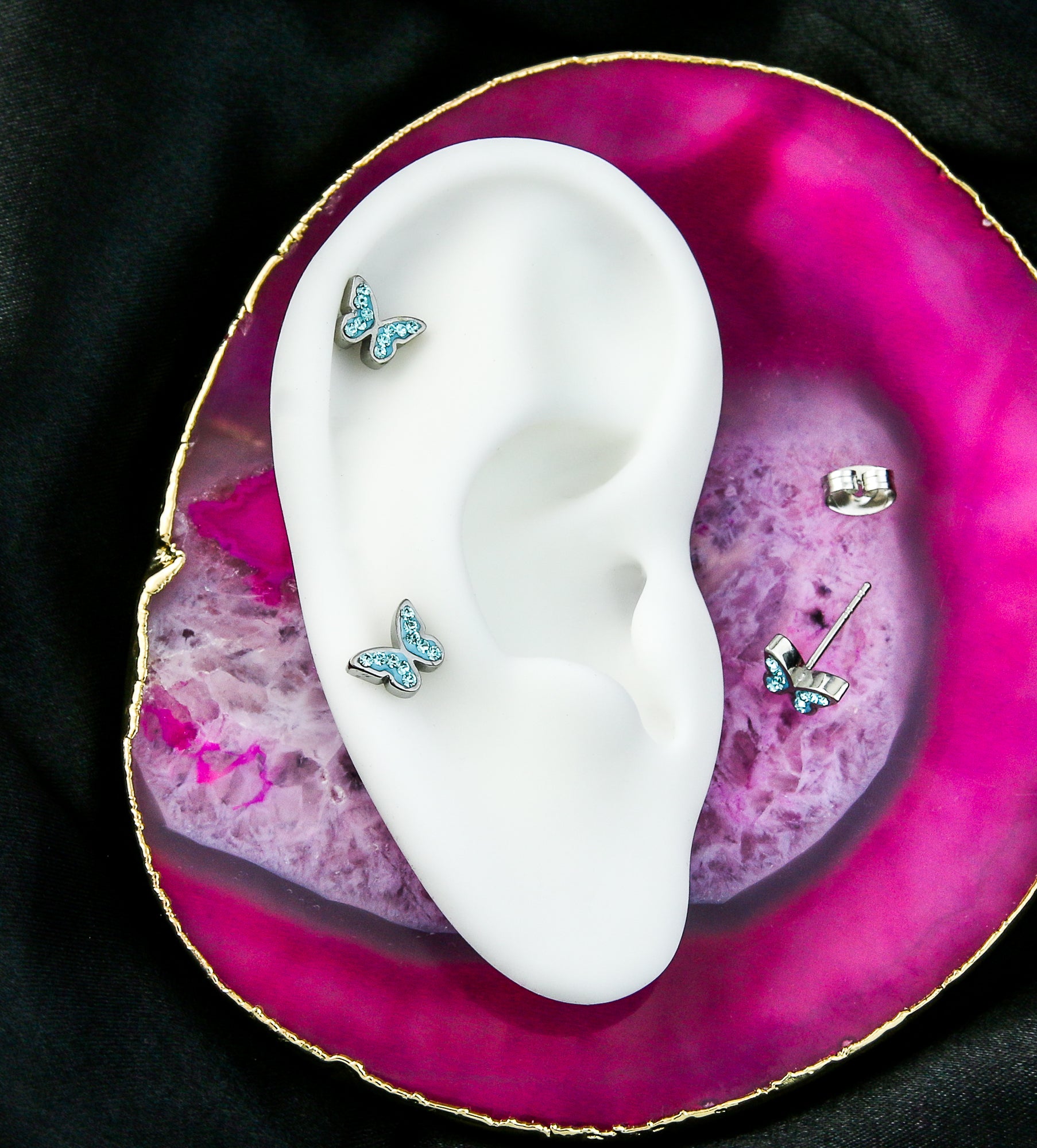 Butterfly Aqua CZ Stainless Steel Stud Earrings