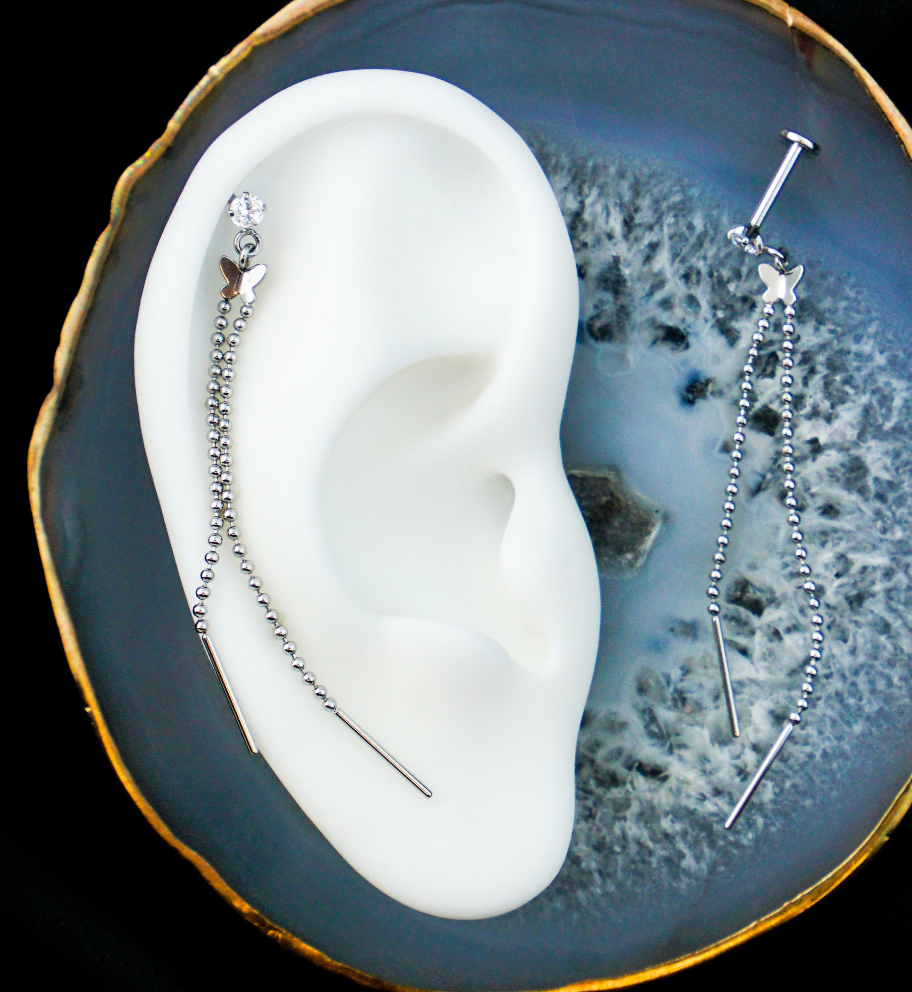 Butterfly Beaded Dangle Chain Stainless Steel Internally Threaded Labret