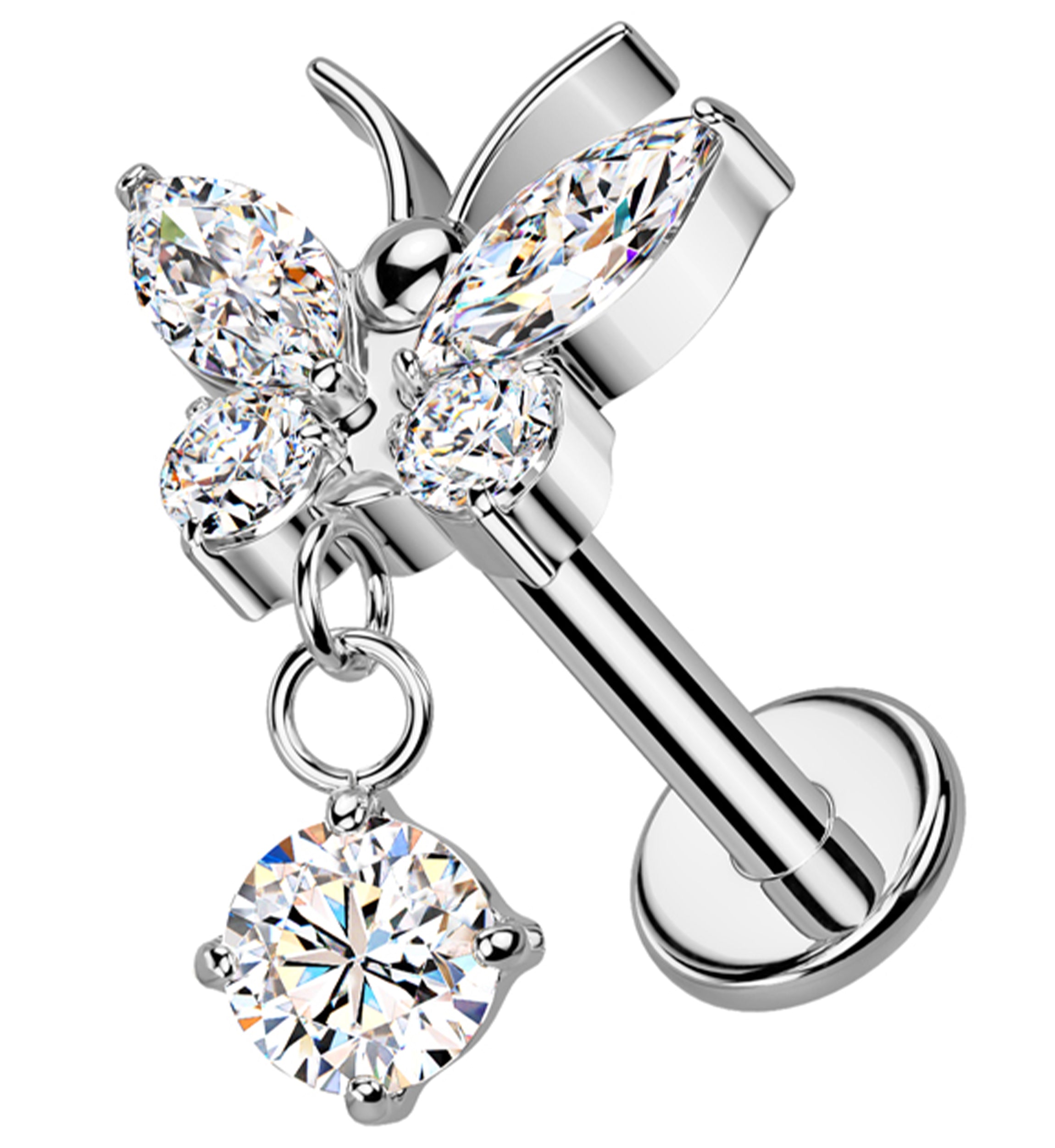 Butterfly Clear CZ Dangle Internally Threaded Titanium Labret