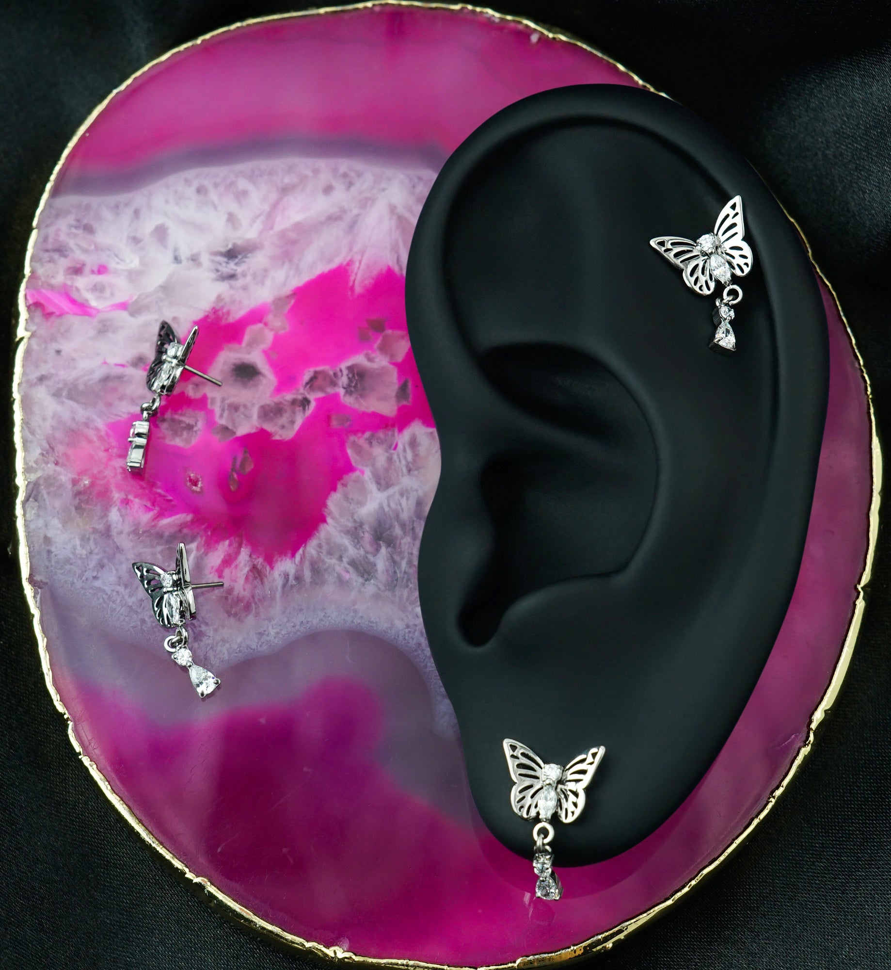 Butterfly Clear CZ Teardrop Dangle Titanium Threadless Top